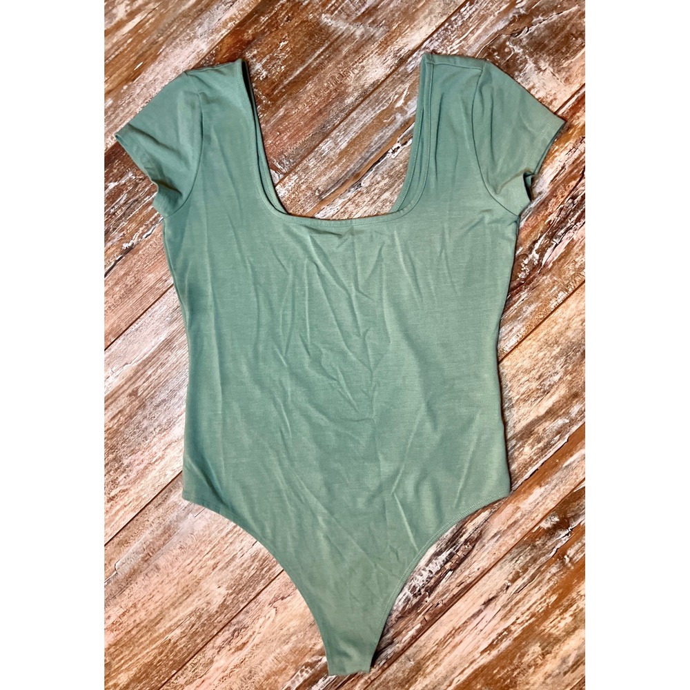 American Eagle Sage Green Square Neck Short Sleeve Thong Bodysuit Womens Medium